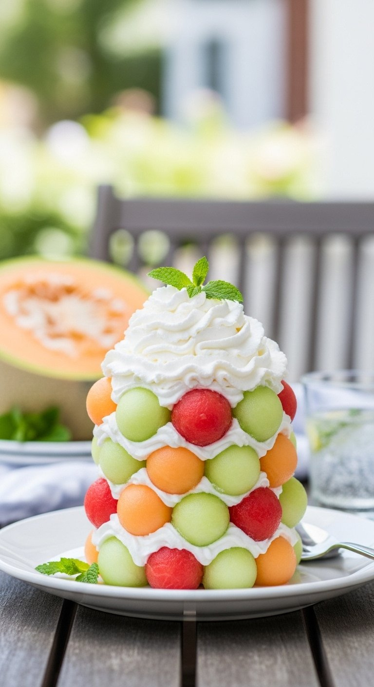 Multi-Tiered Melon Ball Cake With Whipped Topping And Fresh Mint On A Wooden Table.