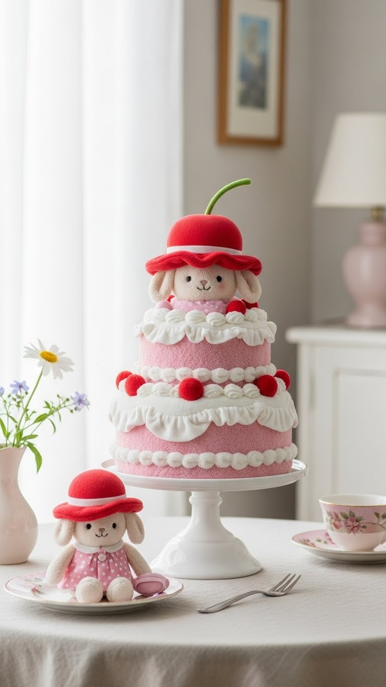 Multi-Tiered Pink Cake With Cream Icing Ruffles And Cherry Hat On White Cake Stand With Teacup