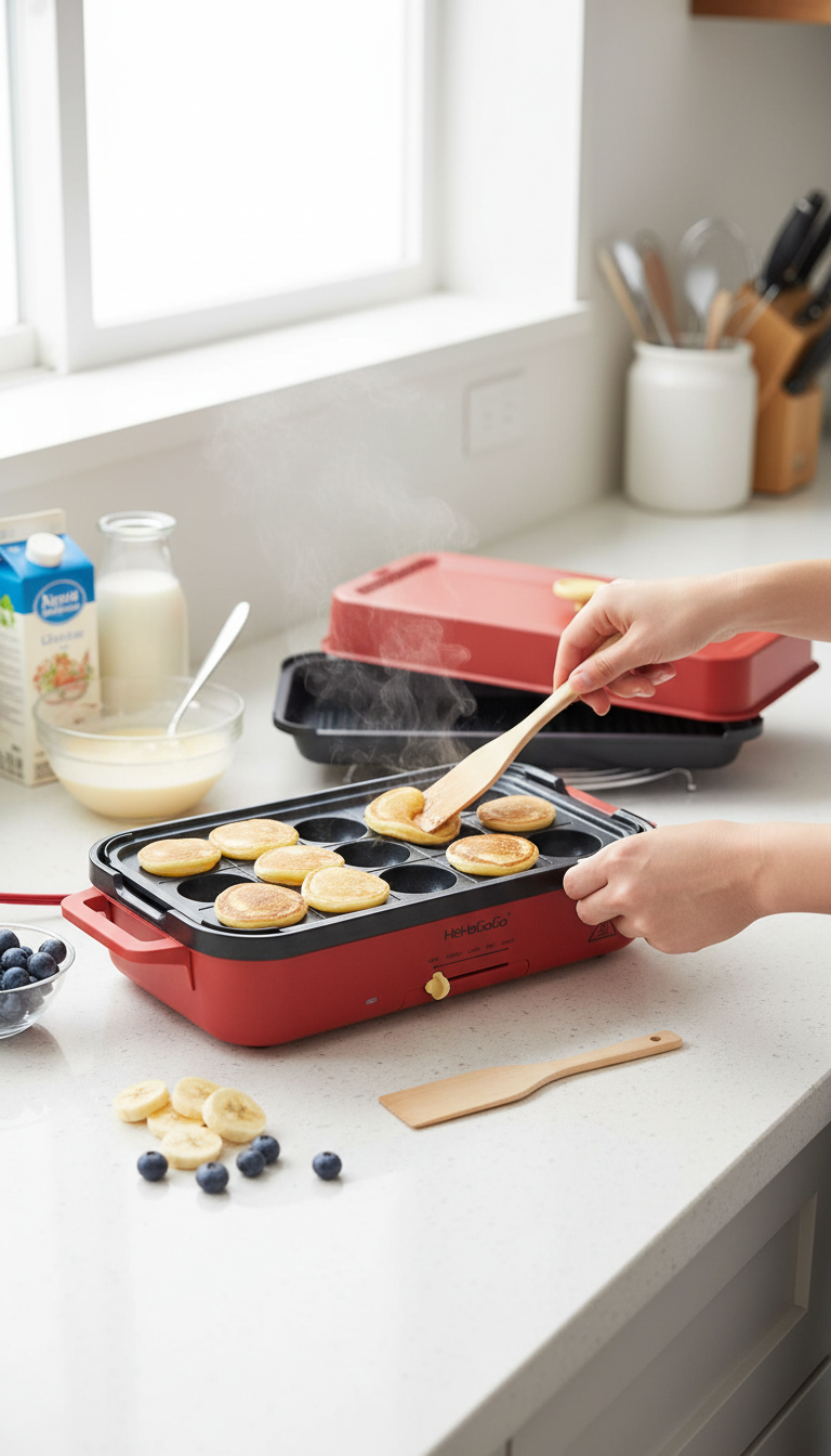 An Image Of The Hehogogo Multifunctional Electric Griddle Being Used To Cook Pancakes, Burgers, And Takoyaki In A Split-Screen Format, Demonstrating Its Versatility.