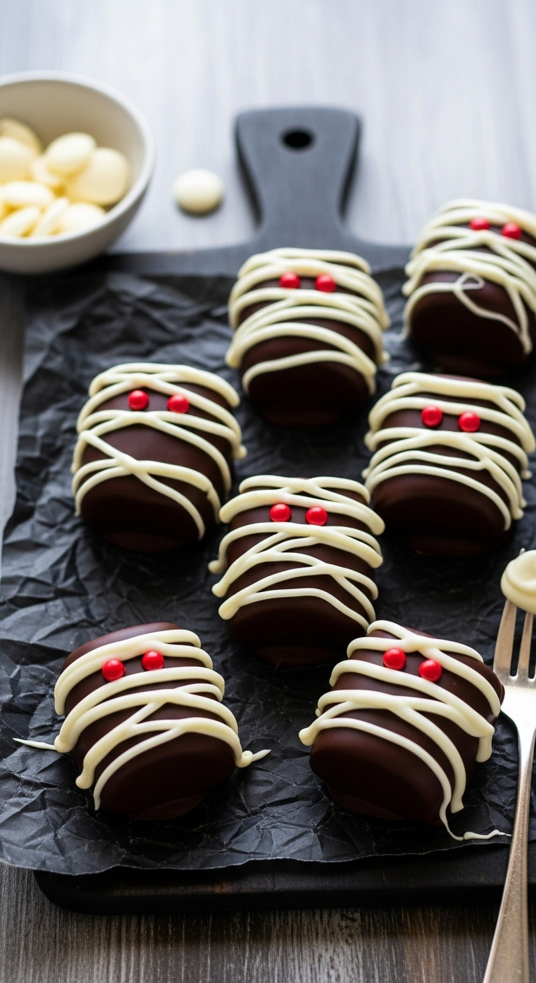 Mummified Marshmallow Bites: Dark Chocolate, White Chocolate 'Mummy' Drizzle, Red Eyes. Spooky Halloween Treats On Black Parchment.
