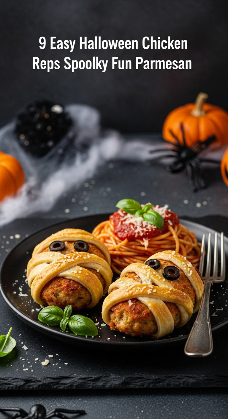 Mummy Chicken Parmesan With Olive Eyes And Spaghetti On A Dark Rustic Plate With Halloween Decorations