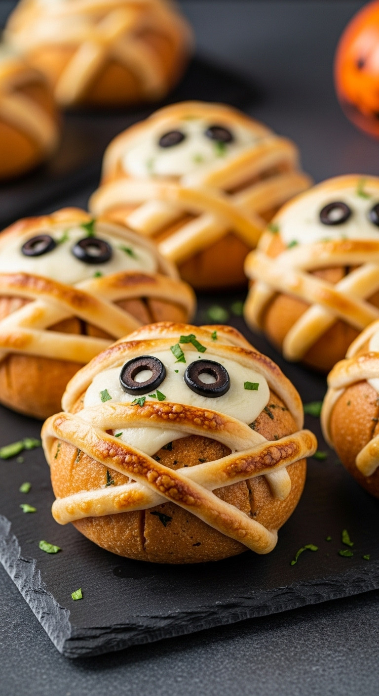 Mummy Garlic Breads With Cheese Bandages And Olive Eyes On A Dark Slate Platter With Chopped Parsley