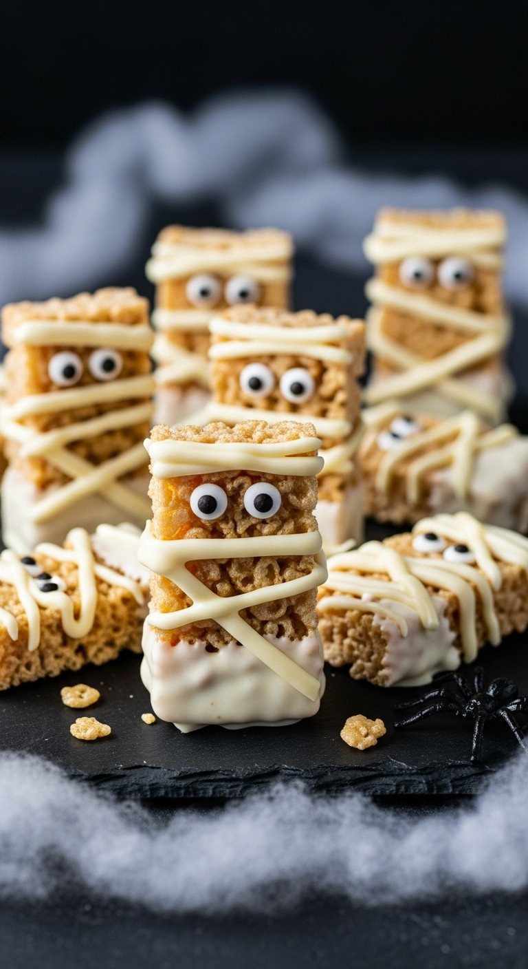Mummy Rice Krispie Treats: White Chocolate-Dipped And Drizzled With Googly Eyes On A Dark Platter. Delicious, Spooky Halloween Dessert.