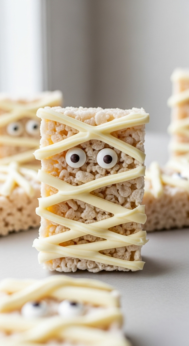 Mummy Rice Krispie Treats With White Chocolate Bandages And Candy Eyes