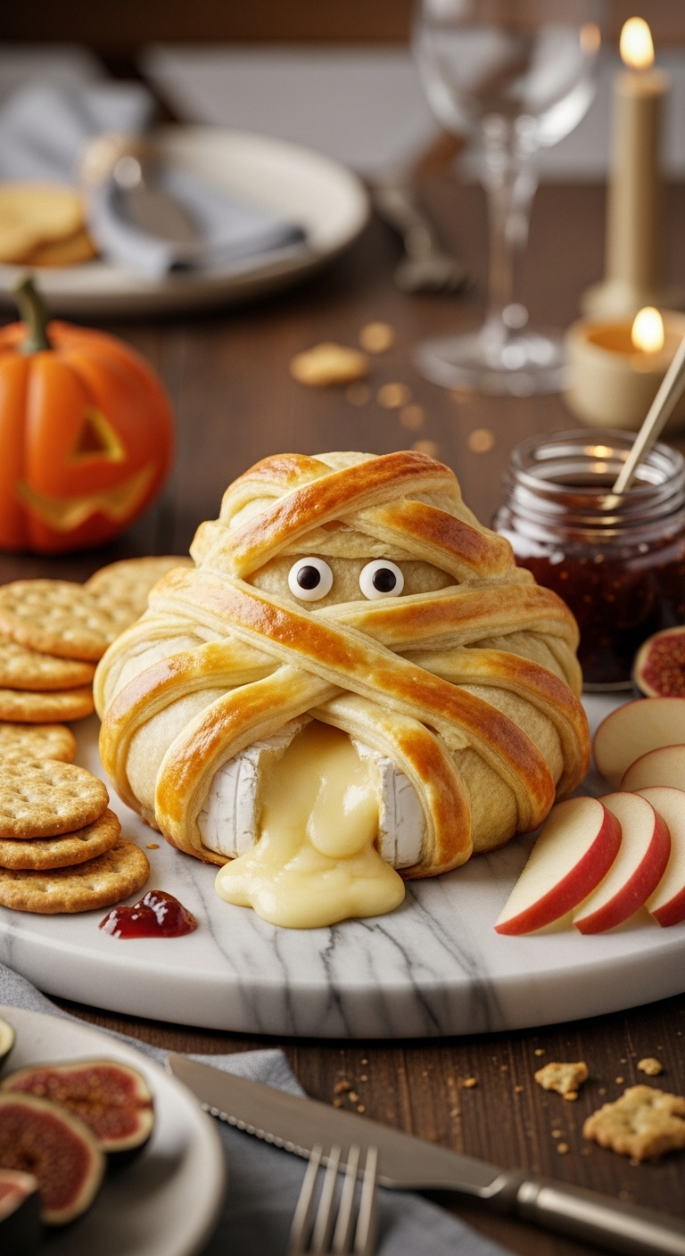 Mummy Brie Wrapped In Puff Pastry With Candy Eyeballs On A Marble Cheese Board With Crackers Apples And Fig Jam