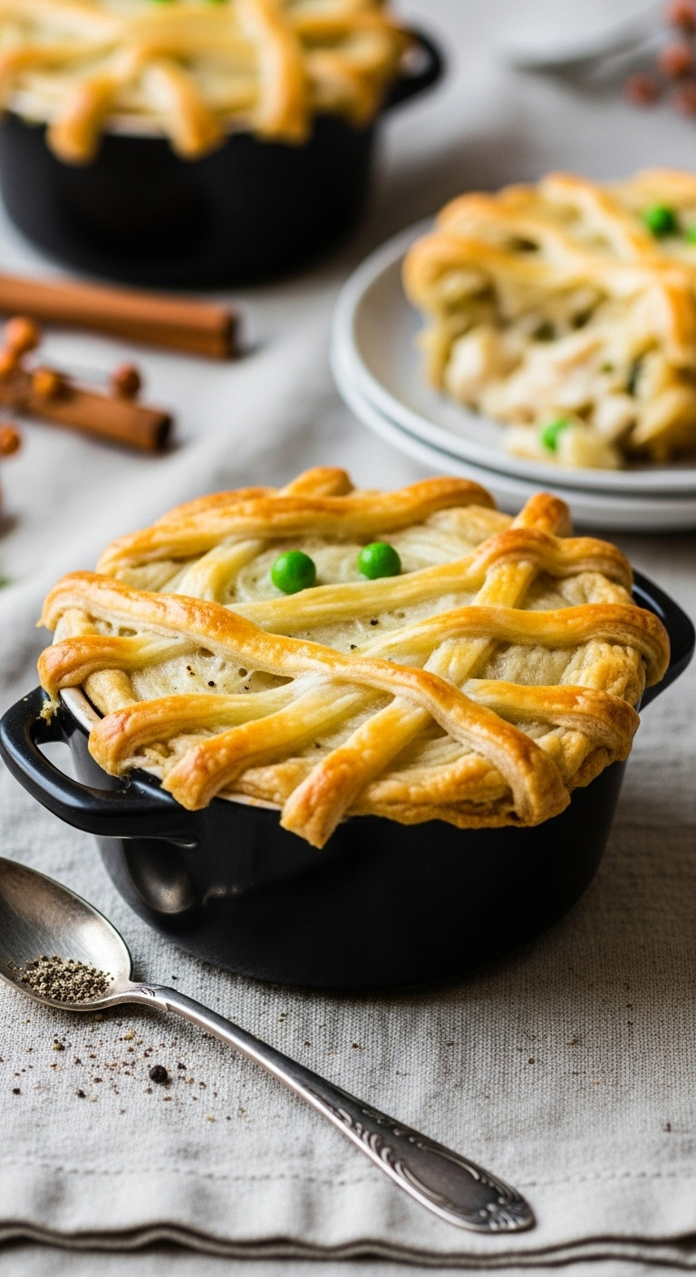 Mummy Chicken Pot Pies With Pastry Wrappings And Green Pea Eyes In Black Ceramic Ramekin On Linen Tablecloth