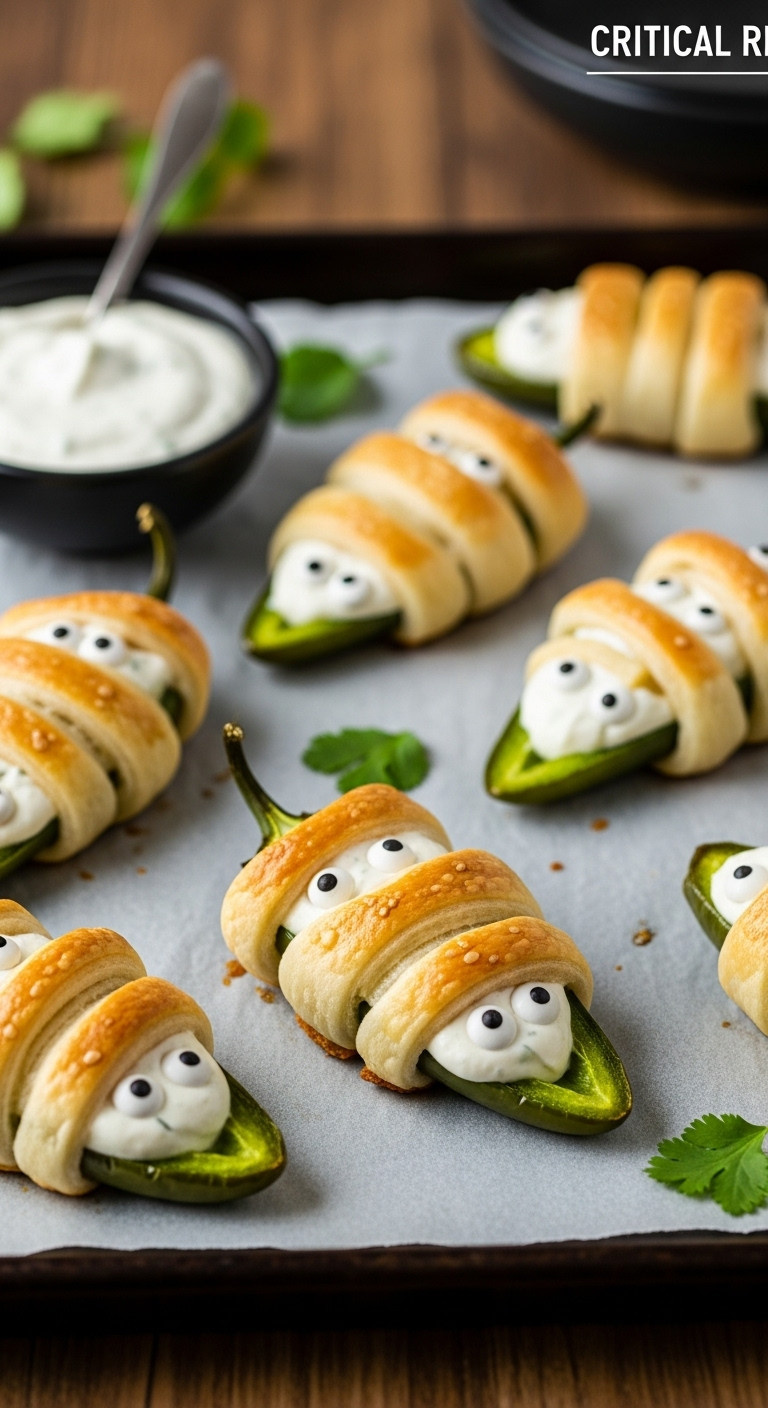 Mummy Jalapeno Poppers With Candy Eyes On A Baking Sheet With Ranch Dip