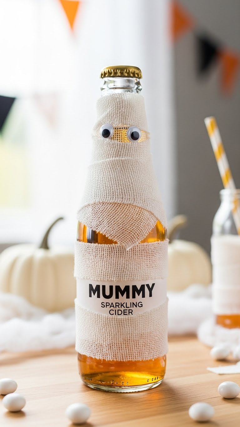 Mummy Sparkling Cider Bottle Wrapped In Gauze Bandages With Googly Eyes Peeking Out For Halloween.
