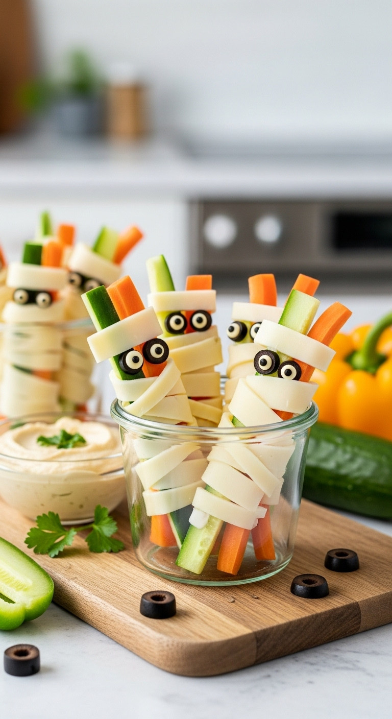 Mummy Veggie Wraps With Cheese Bandages, Olive Eyes, And Dip, On A Rustic Board. Healthy Halloween Party Snack For Kids.