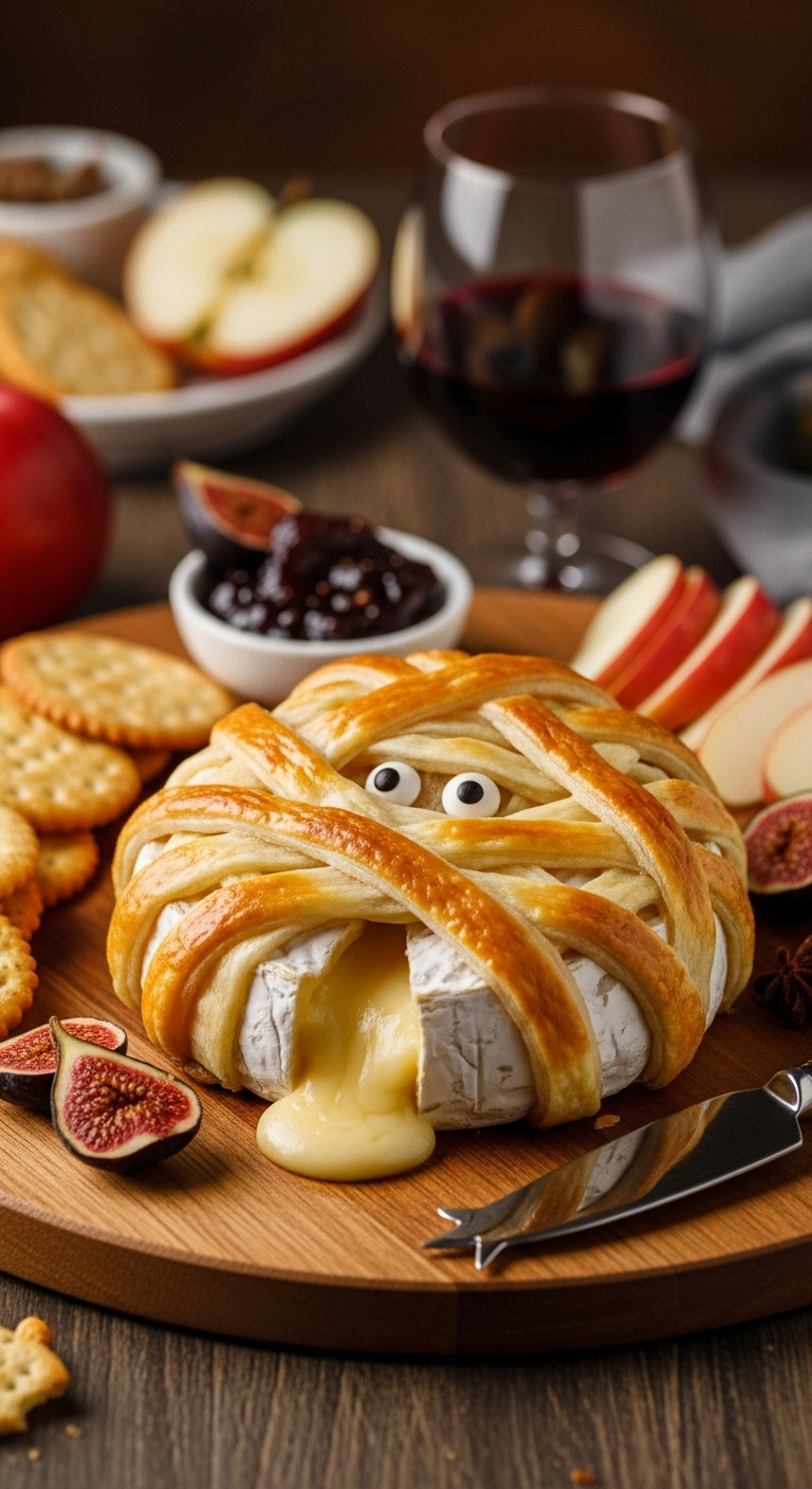 Mummy Wrapped Baked Brie With Candy Eyeballs On Wooden Board With Crackers Fig Jam And Red Wine