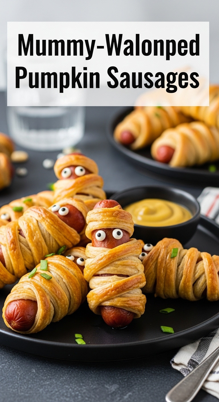 Mummy-Wrapped Pumpkin Sausages With Candy Eyeballs On A Black Ceramic Plate With Dipping Mustard Perfect For Spooky Meals