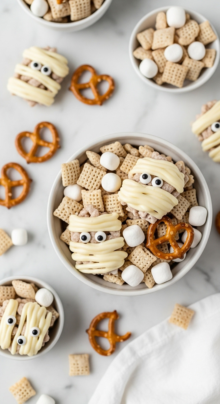 Mummy's Dream Munch Halloween Snack Mix: White Chocolate Chex, Marshmallows, Pretzels, Googly Eyes. Flat Lay On Marble For Parties.