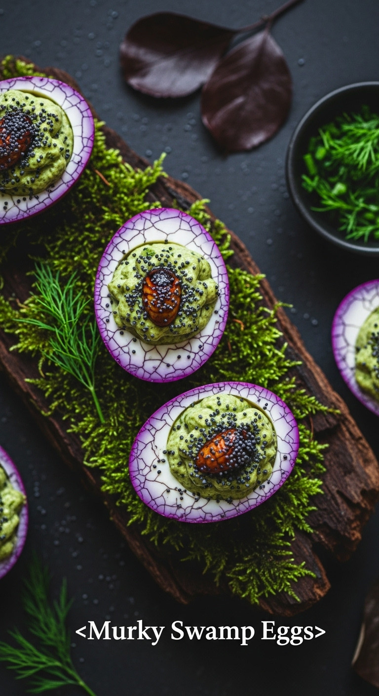 Murky Swamp Eggs With Purple Veined Whites And Dark Green Yolk On Moss-Covered Wood Perfect For A Creepy Halloween Appetizer