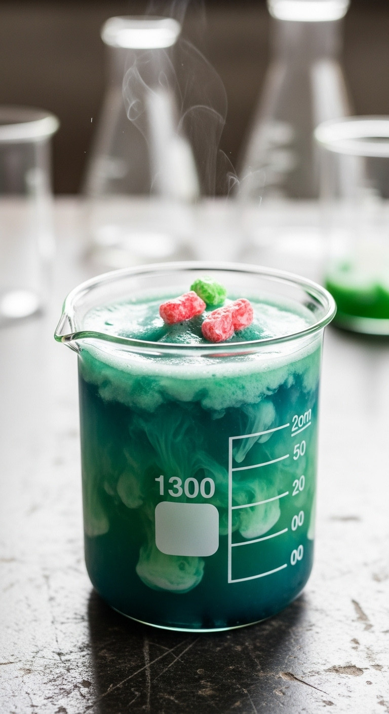 Murky Swirling Green Blue Mad Scientist's Concoction Loaded Tea In A Scientific Beaker With Fizzing Pop Rocks