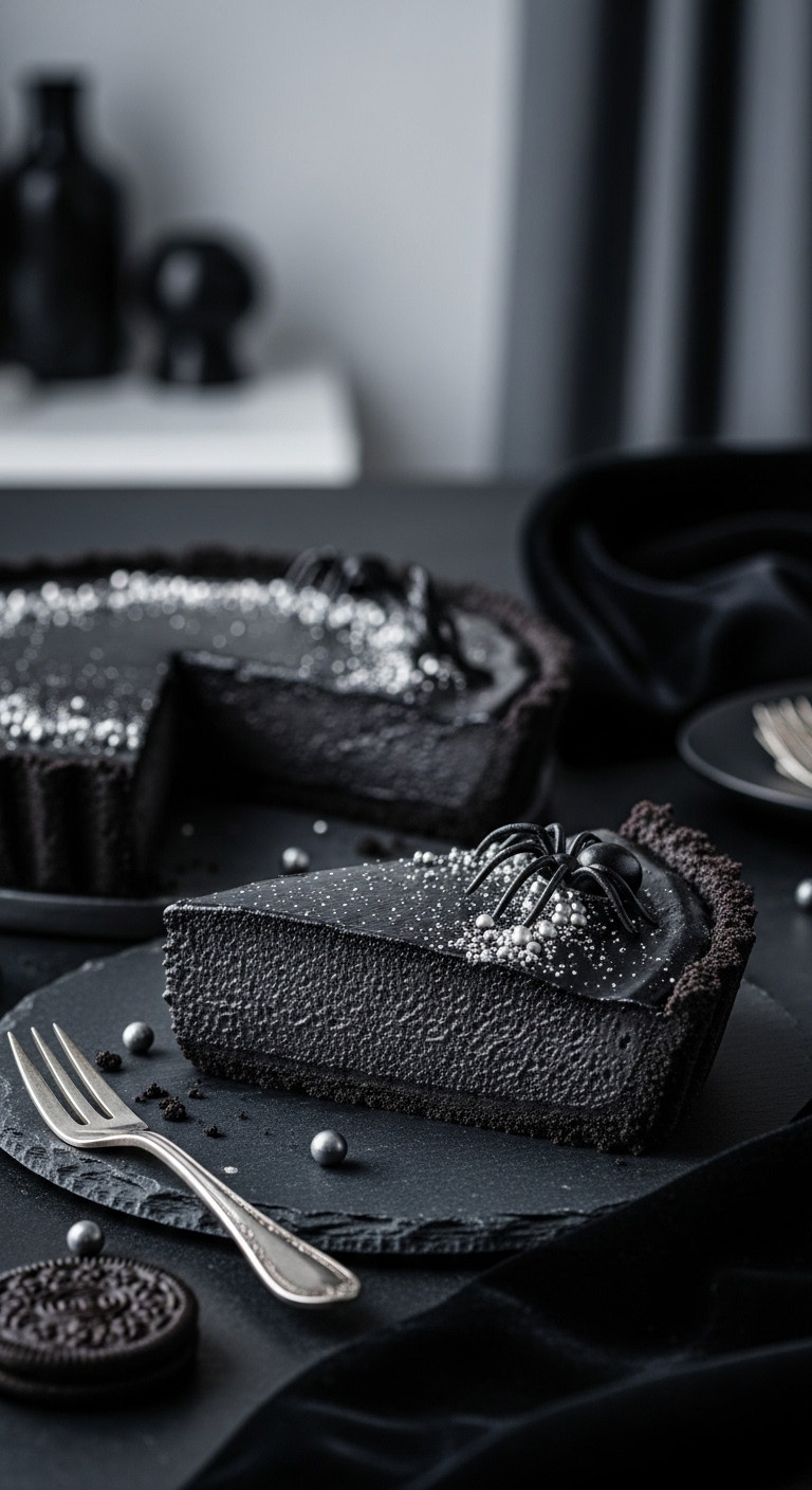 Mysterious Black Velvet Pie With Dark Oreo Crust, Velvety Texture, Edible Spider, Slate Platter, Elegant Setting.