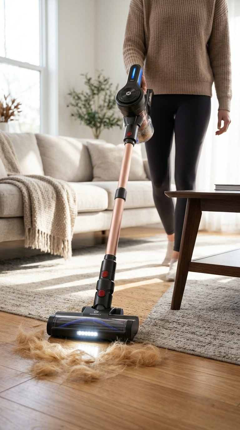 A Nadaly Cordless Vacuum Cleaner Being Used On A Hardwood Floor With Pet Hair.