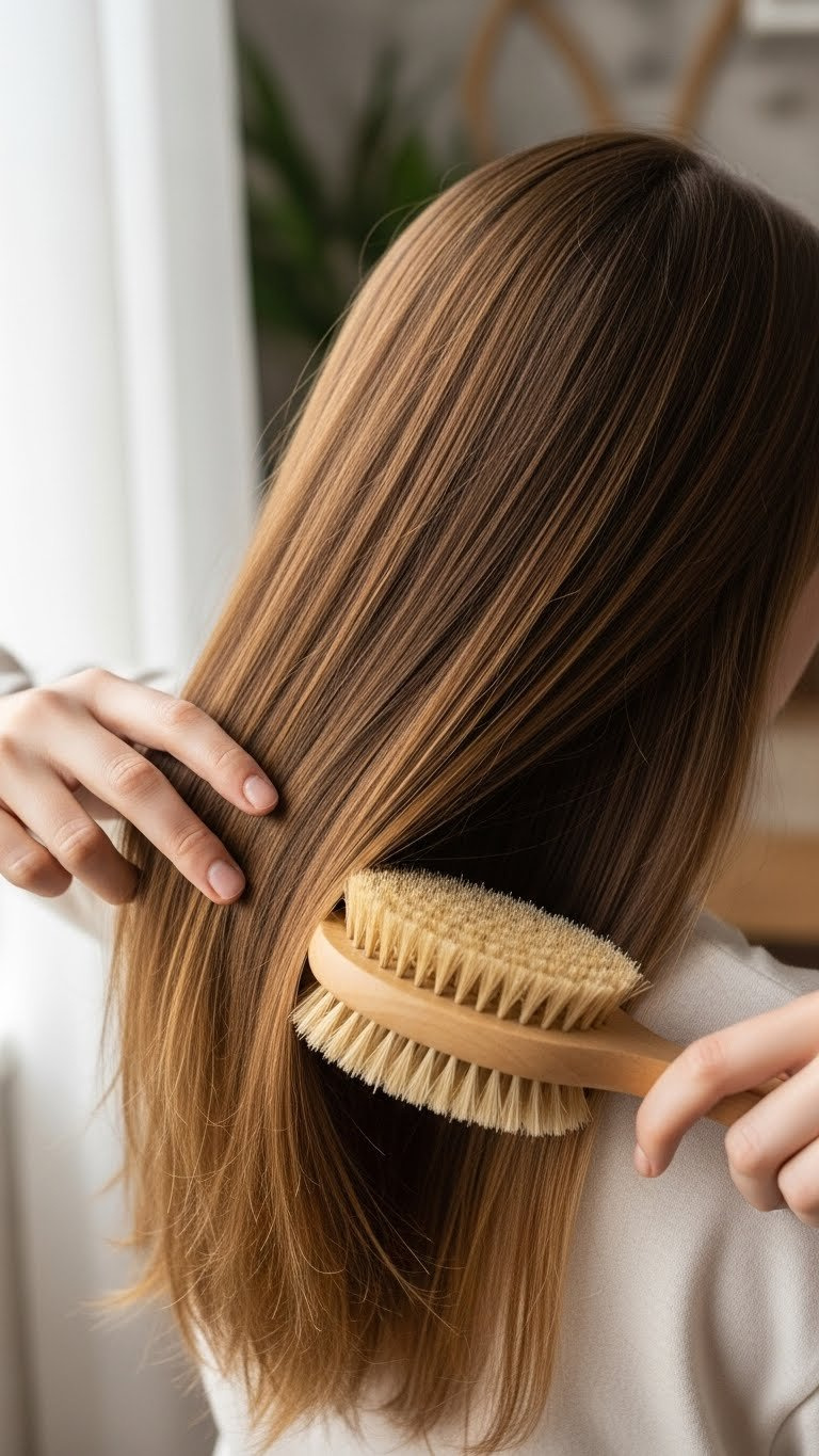 Natural Hair Being Gently Brushed Showcasing Healthy Shine And Volume From Successful Baking Soda Care Routine