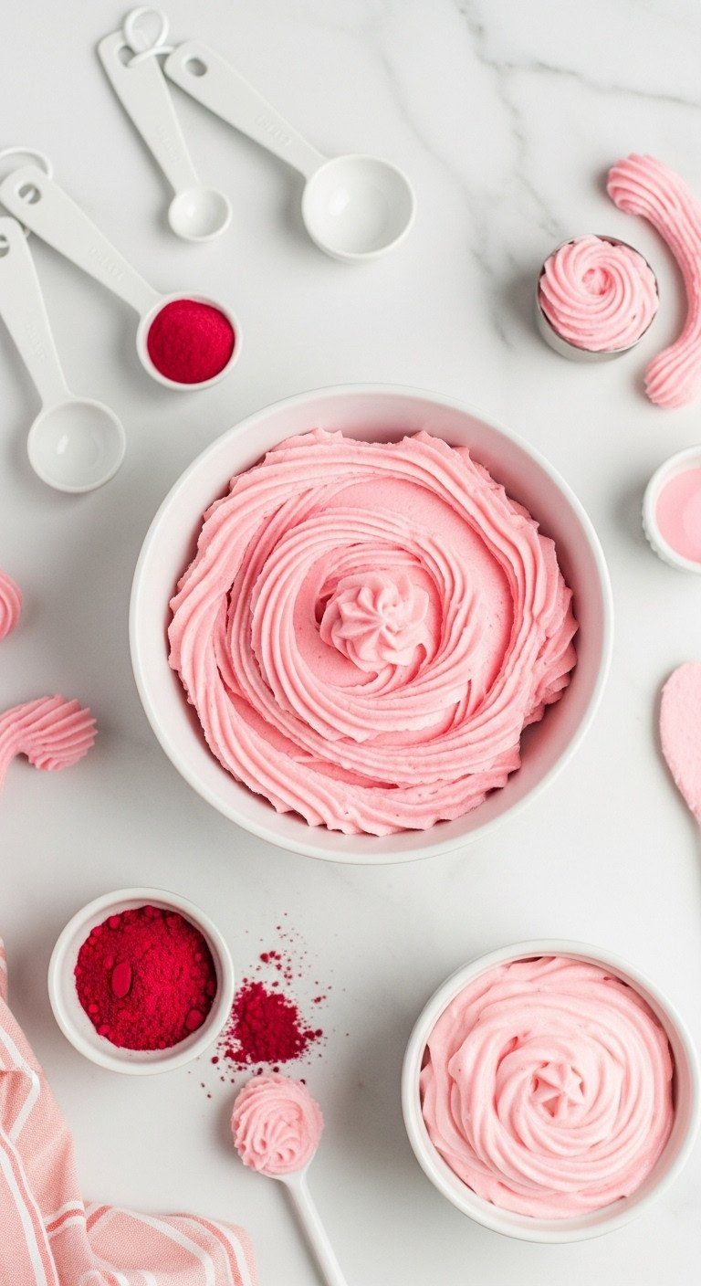 Natural Pink Vanilla Buttercream, Fruit Powder Colored. Flat Lay On White Marble, Measuring Spoons, Uncolored Frosting; Healthy Baking.