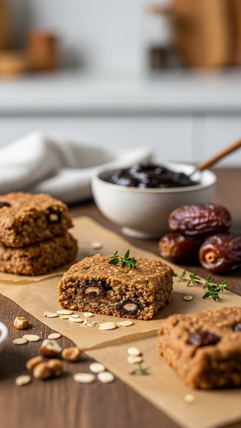 Natural Sweetened Energy Bar With Date Flecks, Date Paste Bowl With Spoon And Whole Dates On Parchment Paper.