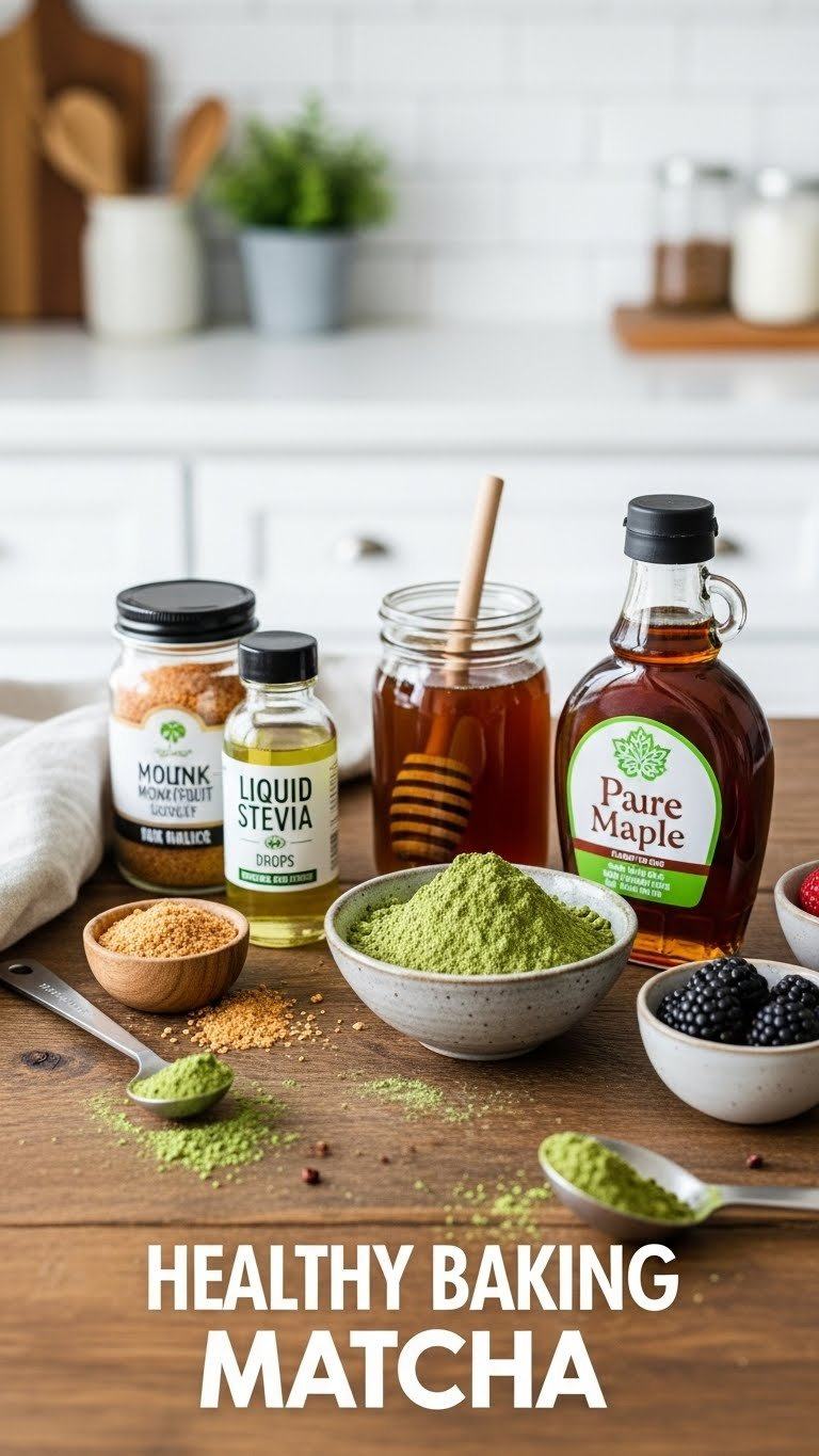 Natural Sweeteners Arranged With Matcha Powder Including Monk Fruit, Stevia, Honey, And Maple Syrup On Rustic Wood Table