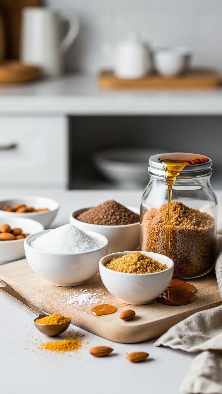 Natural Sweeteners Including Erythritol, Monk Fruit, And Maple Syrup Arranged On Wooden Cutting Board For Healthy Baking