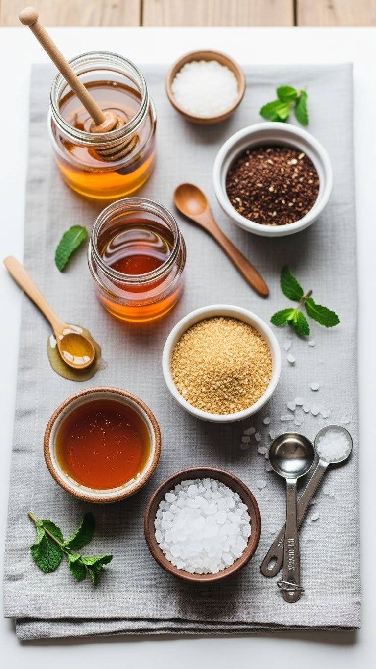 Natural Sweeteners Including Honey, Maple Syrup, Monk Fruit And Stevia In Rustic Bowls On Linen Tablecloth