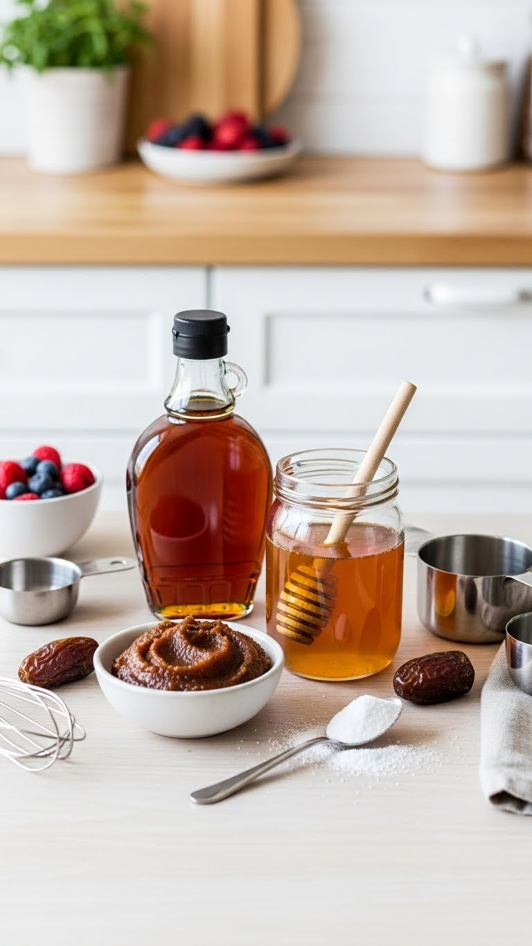 Natural Sweeteners Like Maple Syrup, Honey, And Date Paste Arranged In Top-Down Flat Lay On Light Wooden Table.