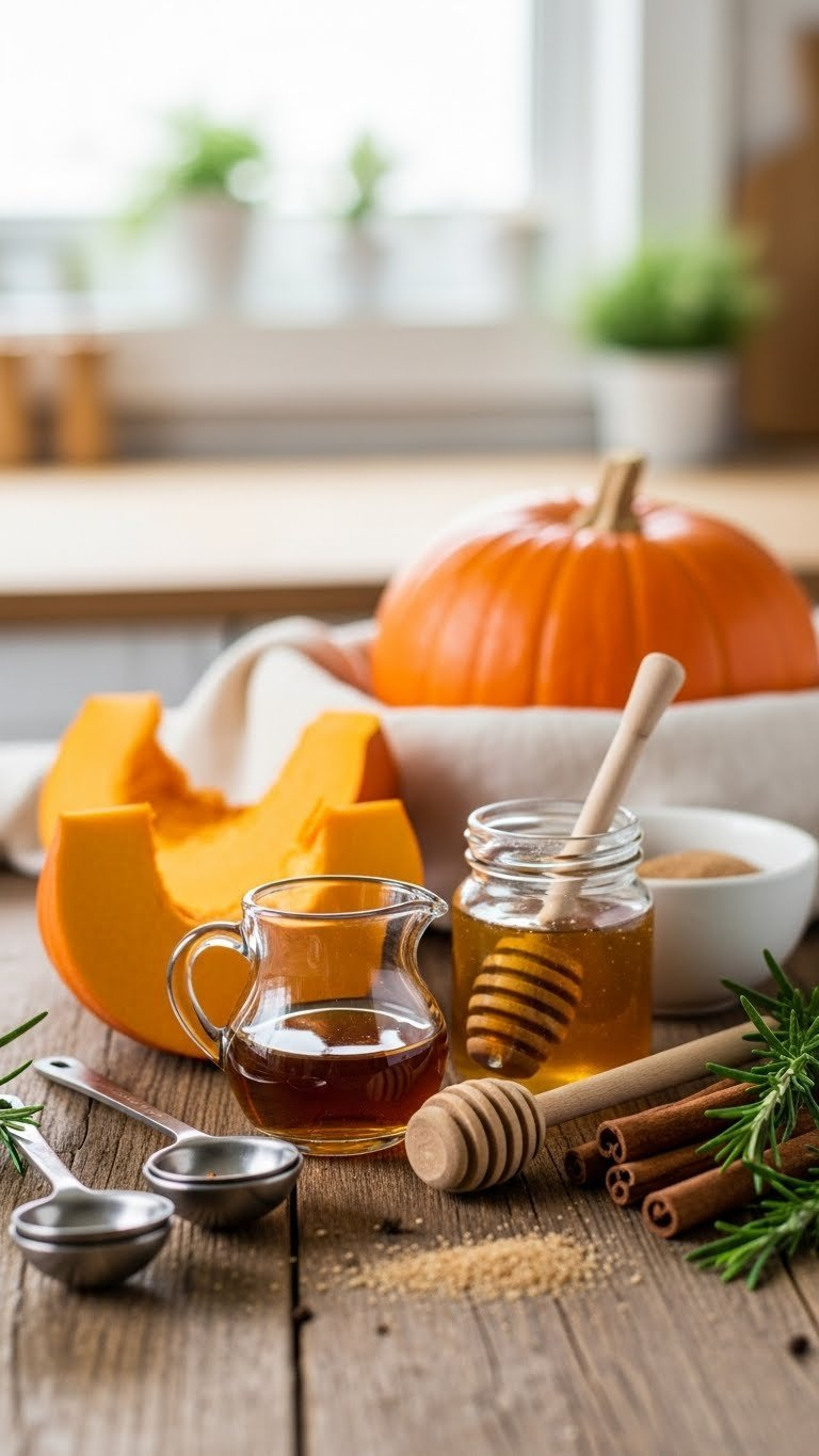 Natural Sweeteners Like Maple Syrup, Honey, And Monk Fruit Arranged With Fresh Pumpkin Slices And Cinnamon Sticks On Rustic Wooden Table
