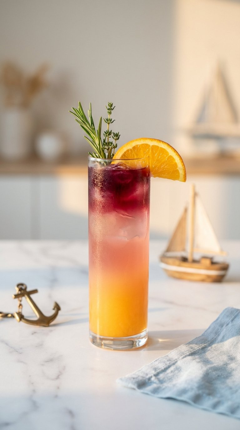 Nautical Sunset Spritzer With Gradient Layers Mimicking Sunset Colors, Orange Slice Garnish And Nautical Decor