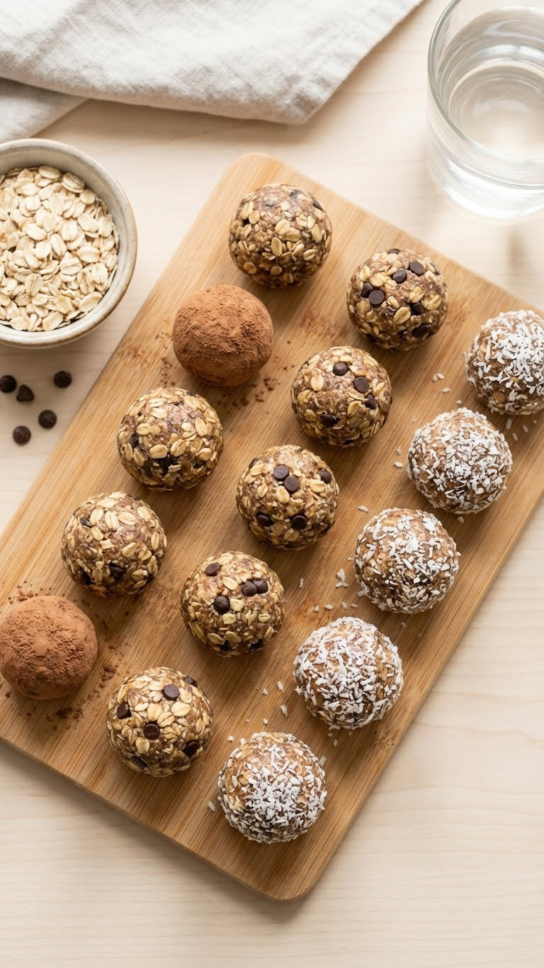 Neat Arrangement Of No-Bake Energy Bites, Showcasing Wholesome Texture With Oats, Flaxseed, And Mini Chocolate Chips.