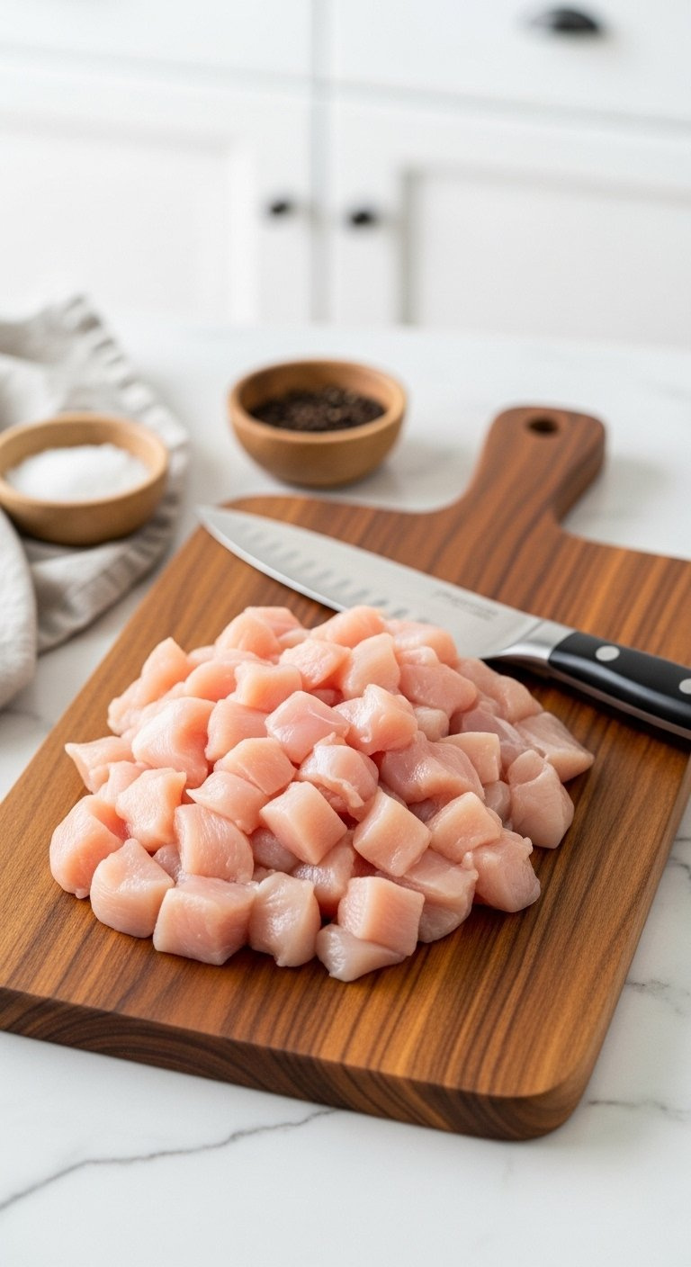 Neatly Arranged Diced Raw Chicken Pieces On A Dark Acacia Wood Cutting Board With A Sharp Chef's Knife.