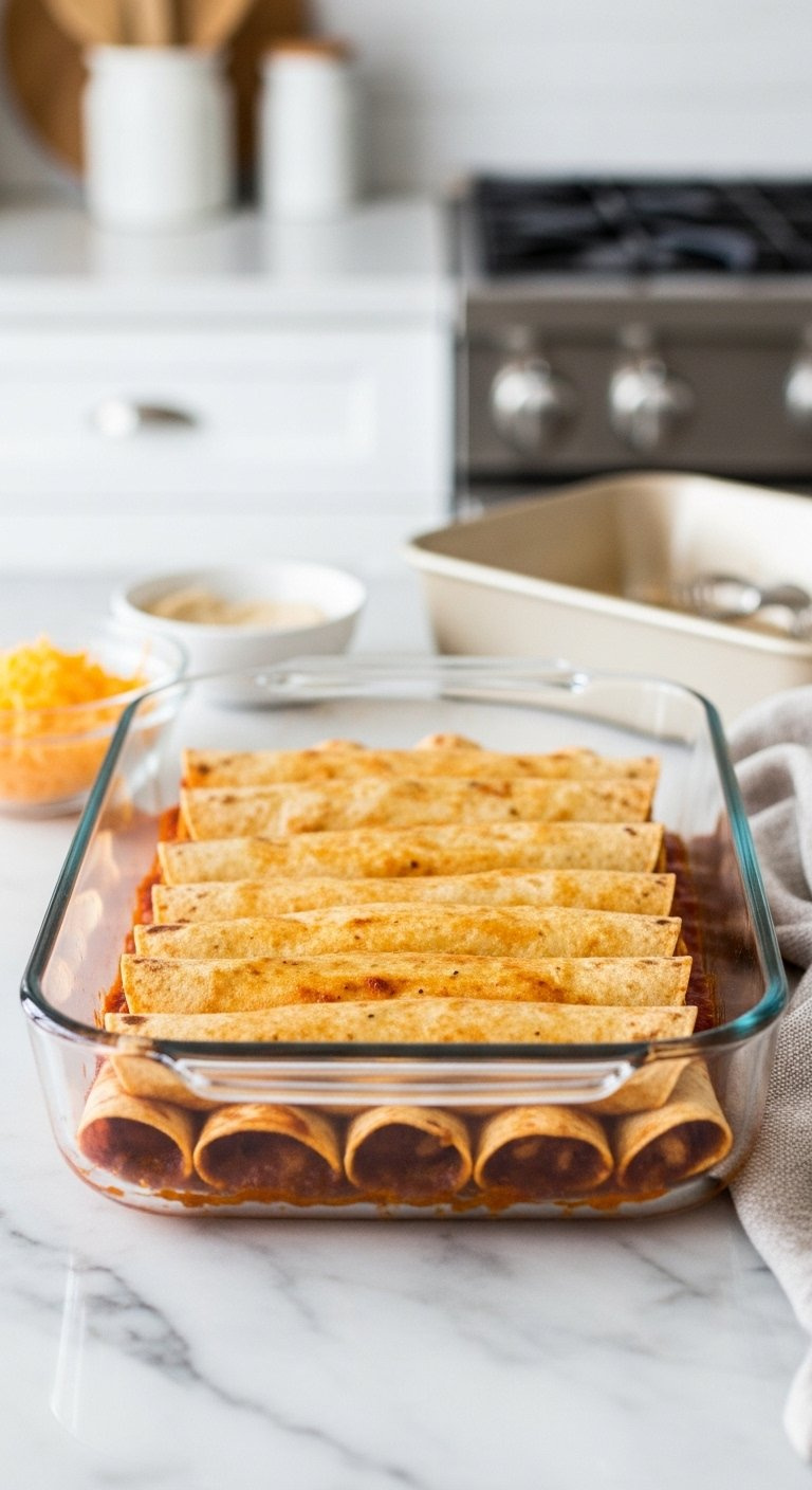 Neatly Arranged Golden-Brown Chicken Enchiladas Resting In A Rectangular Glass Baking Dish.