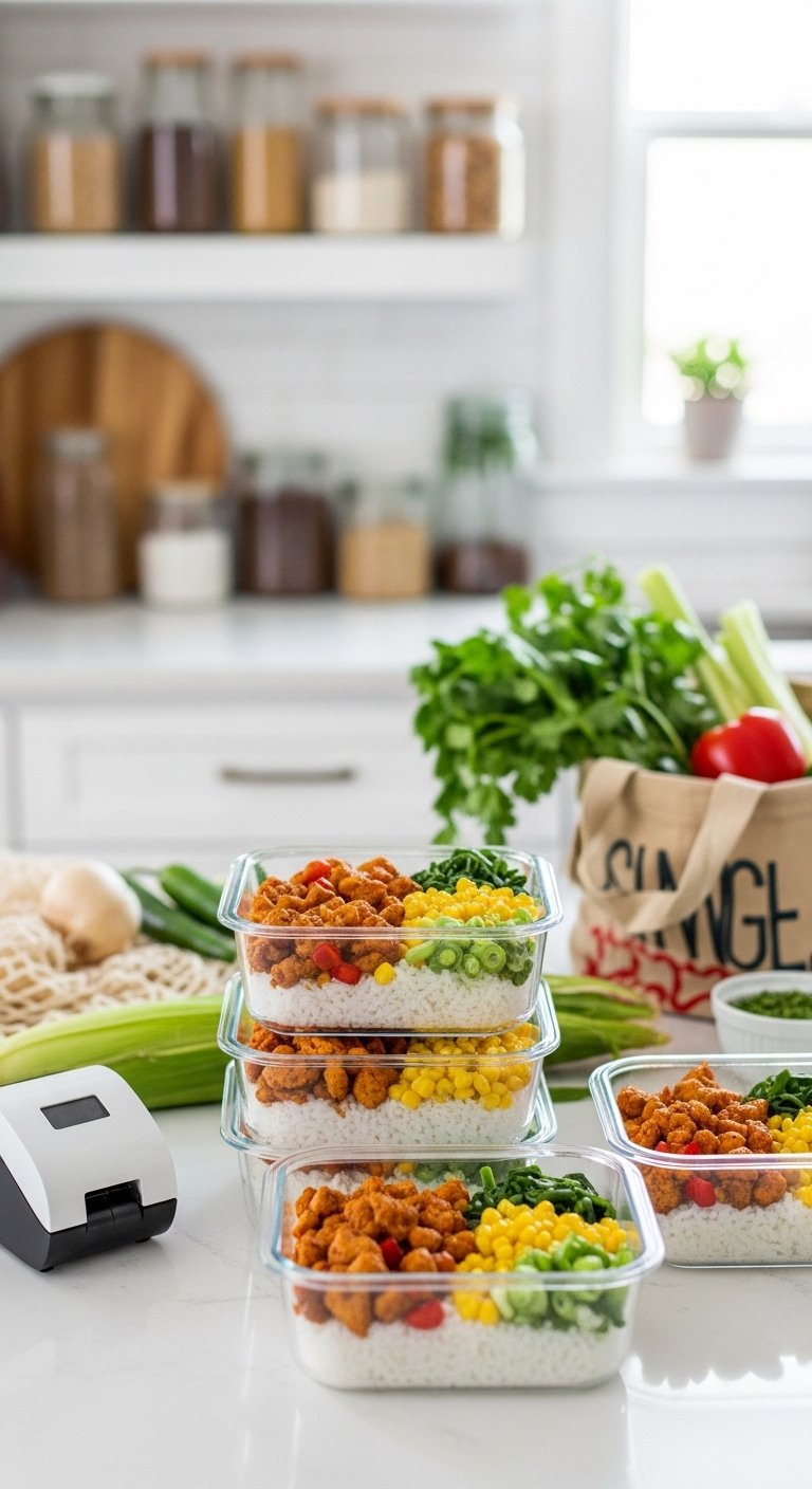 Neatly Arranged Meal Prep Containers Filled With Portioned Street Corn Chicken Bowls And Fresh Toppings.