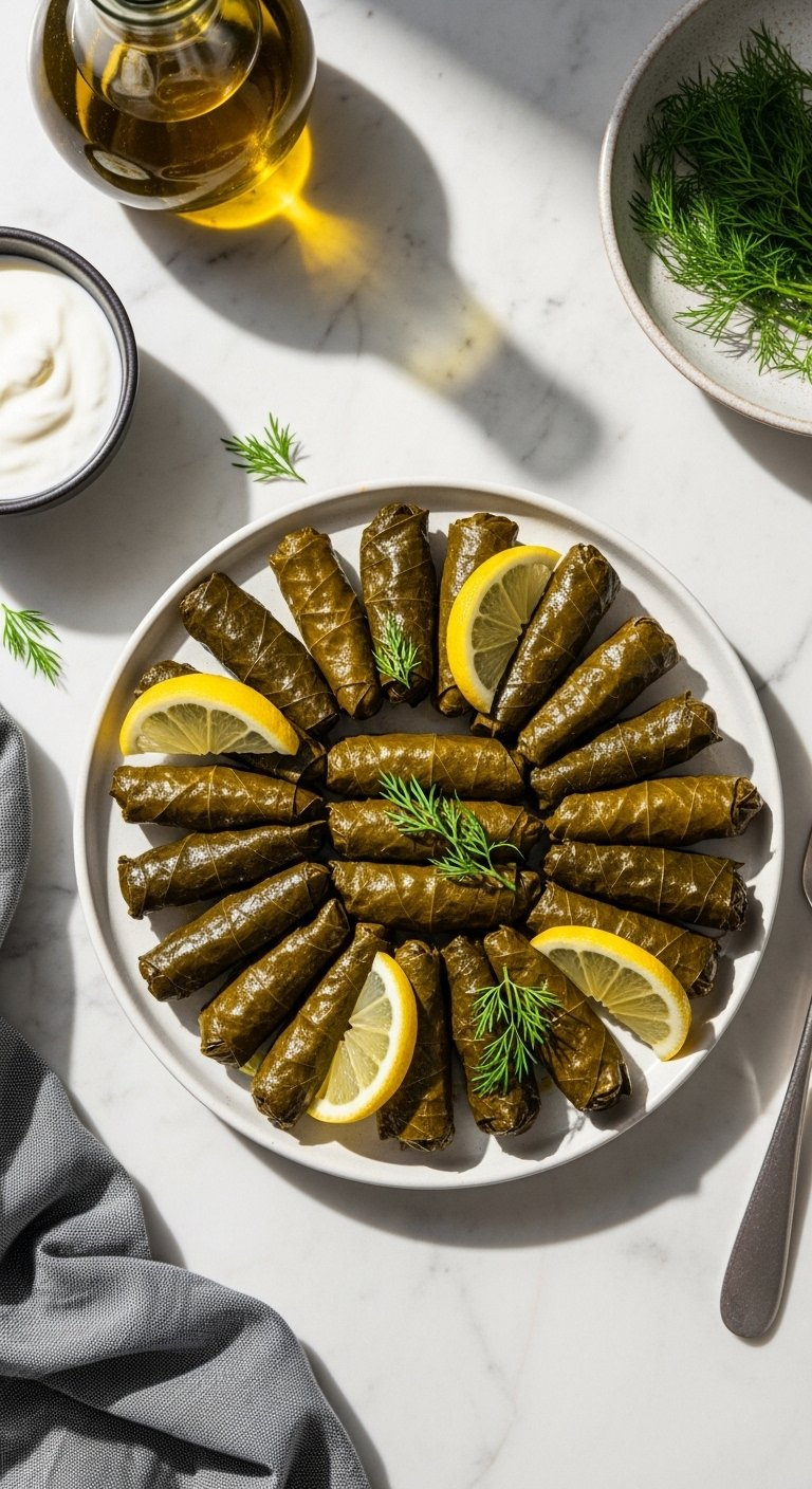 Neatly Arranged Olive Oil-Coated Stuffed Grape Leaves Garnished With Lemon Wedges On A Vintage Ceramic Plate.
