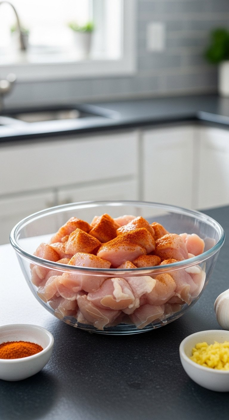 Neatly Cubed Raw Chicken Thighs Seasoned With Paprika And Garlic Powder In A Glass Bowl On A Slate Countertop.
