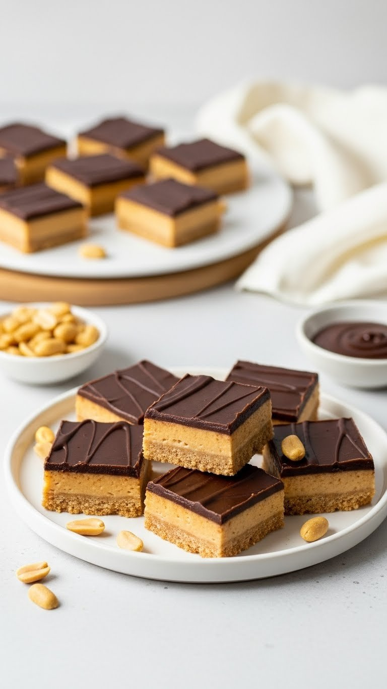 Neatly Cut No-Bake Peanut Butter Bars With Creamy Base And Chocolate Topping Arranged Symmetrically On Minimalist White Plate.