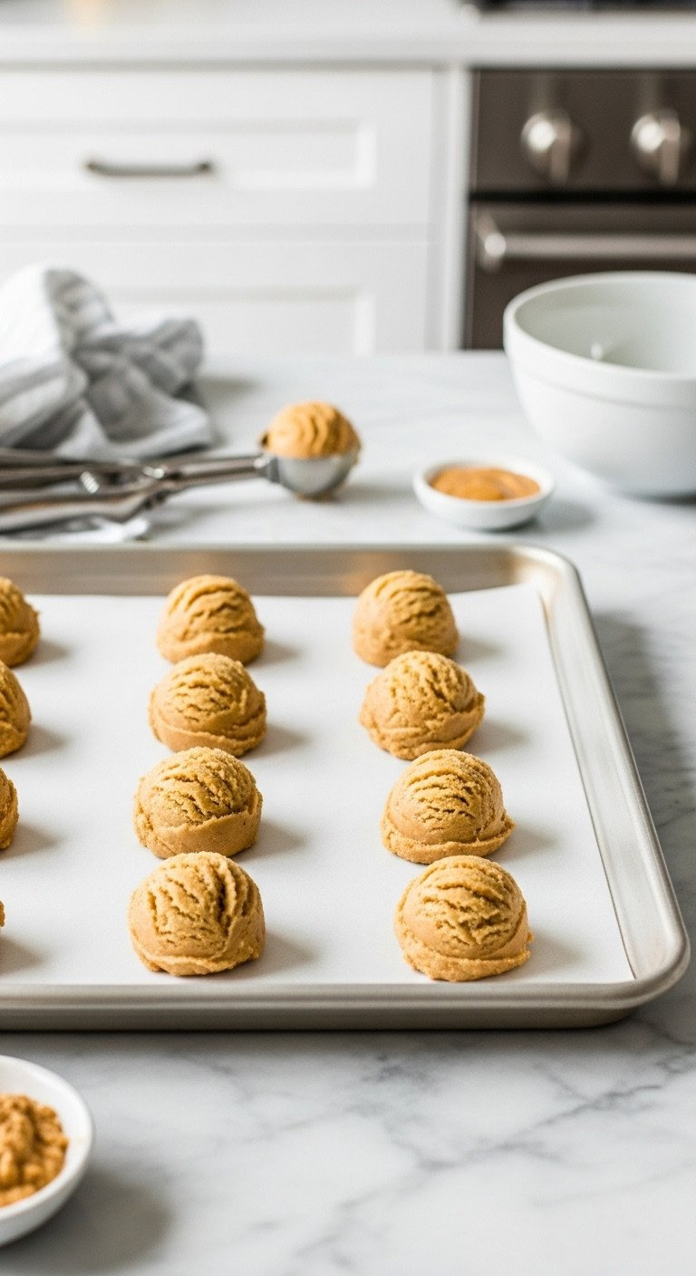 Neatly Scooped Peanut Butter Cookie Dough Balls On A Parchment-Lined Baking Sheet, Ready To Be Baked In A Clean Kitchen.