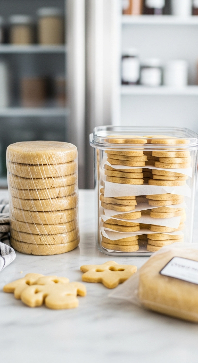 Neatly Stored Halloween Cookie Dough Discs And Baked Cut-Out Cookies In Containers, Ready For Freezing Or Future Decorating.