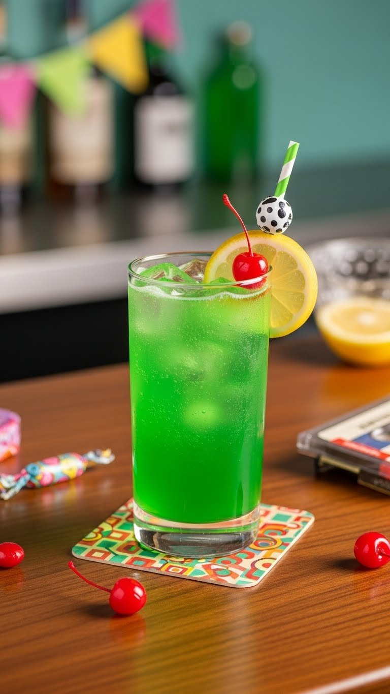 Neon Green Midori Sour Cocktail In Highball Glass With Cherry And Lemon Garnish On Retro Coaster.