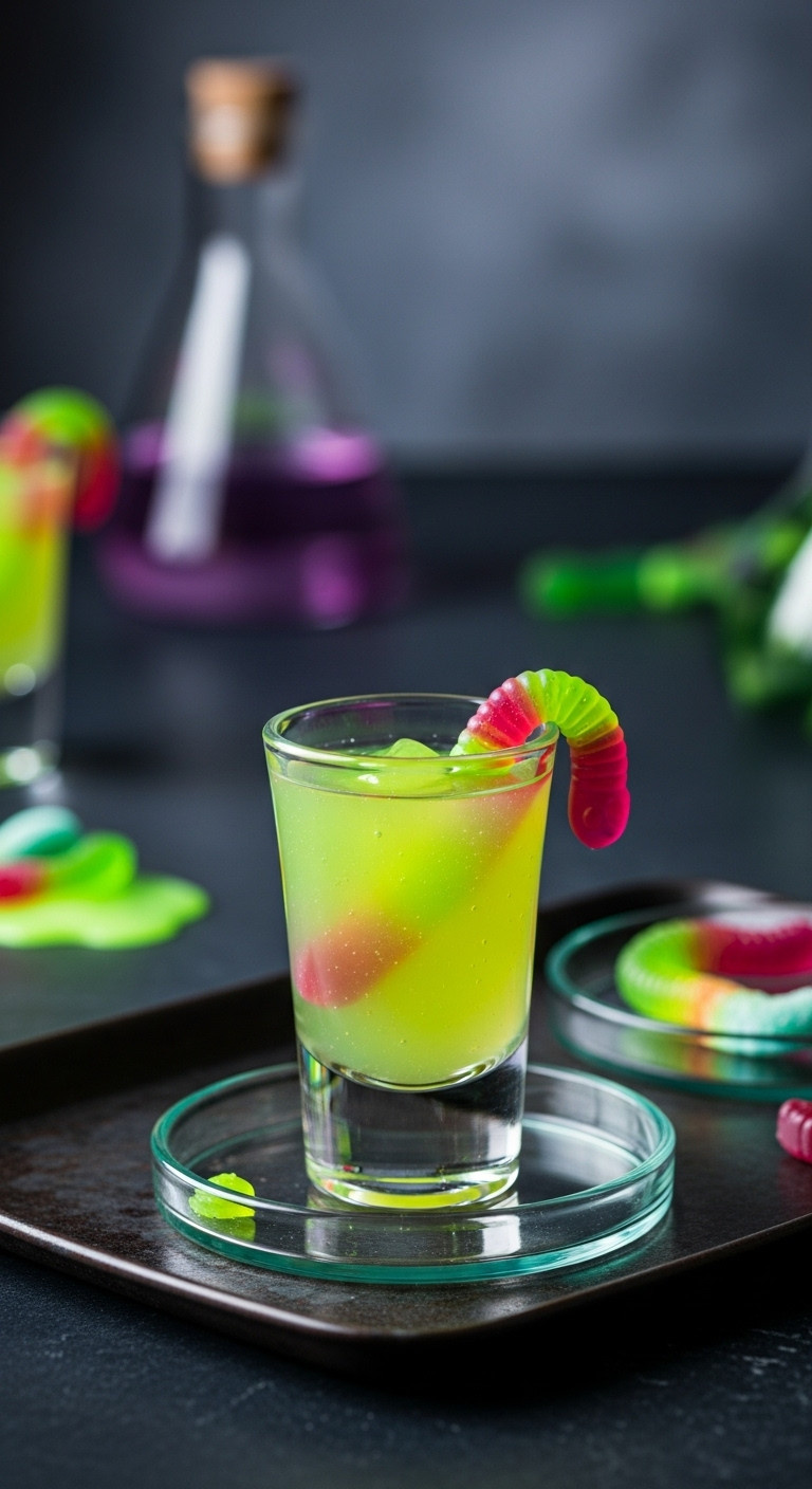Neon Yellow-Green Toxic Slime Shooter With Gummy Worm, Eerie Luminescence In A Shot Glass. Spooky Halloween Industrial Party Drink.