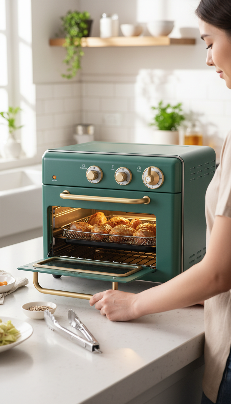 A Photo Of The Neretva Air Fryer Combo On A Kitchen Counter With A Bag Of Frozen Fries, A Pizza, And Chicken Wings Next To It, Representing The Foods Tested.