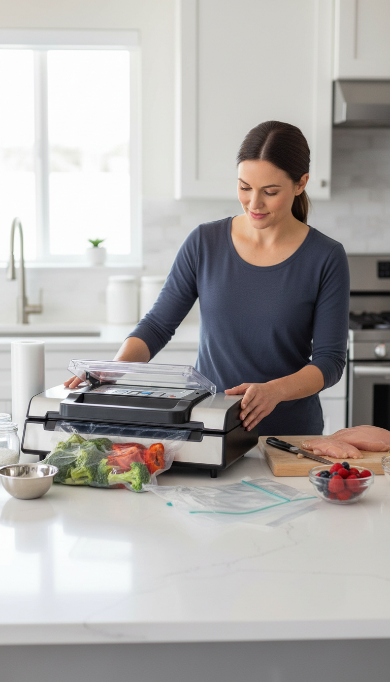 A Nesco Vs-12 Vacuum Sealer Shown Sealing A Bag Of Meat On A Kitchen Counter.