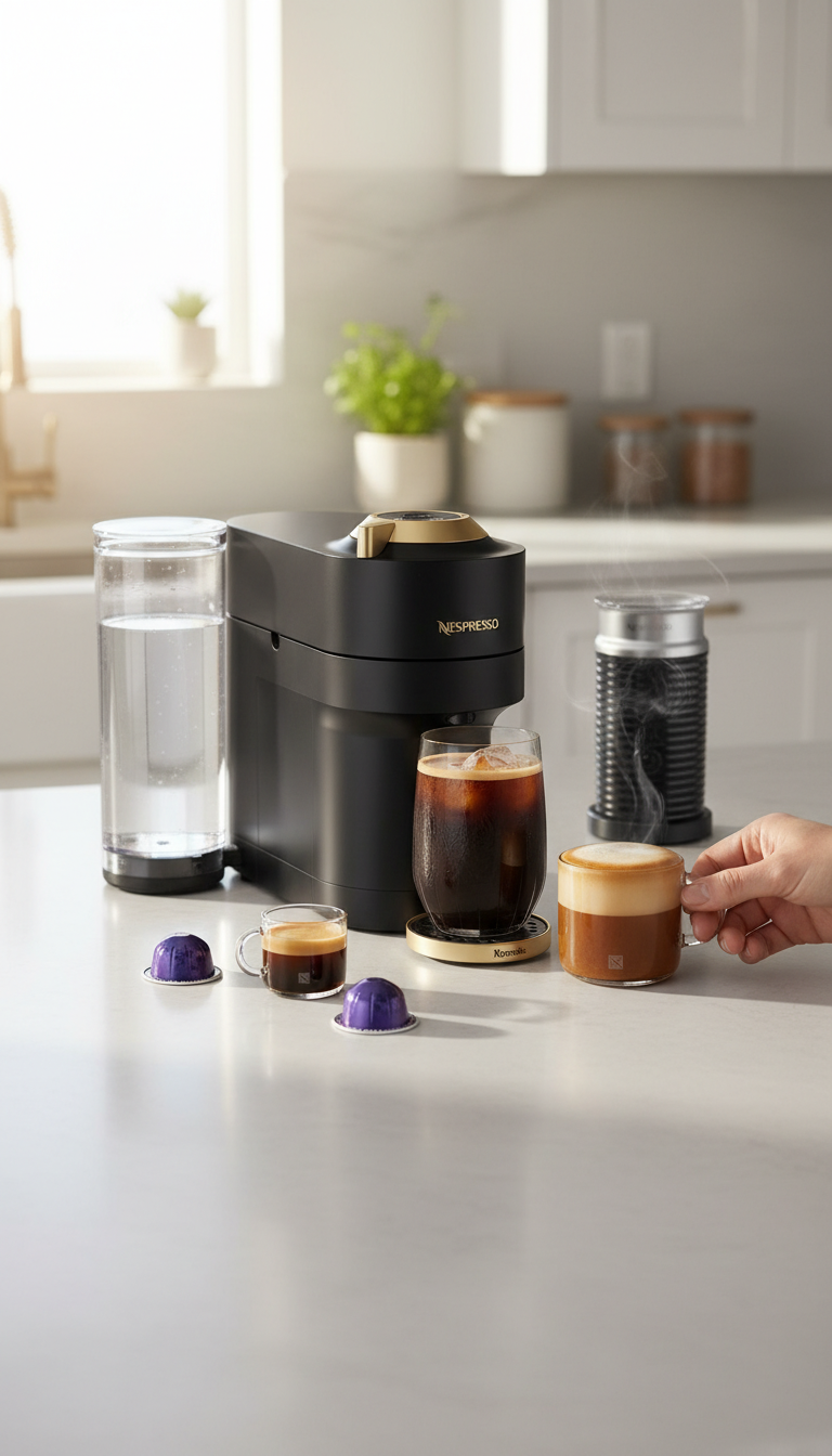 A Photo Showing The Nespresso Vertuo Pop+ Deluxe On A Kitchen Counter Next To A Variety Of Vertuo Pods, A Coffee Cup, And A Notepad For Documenting Results.