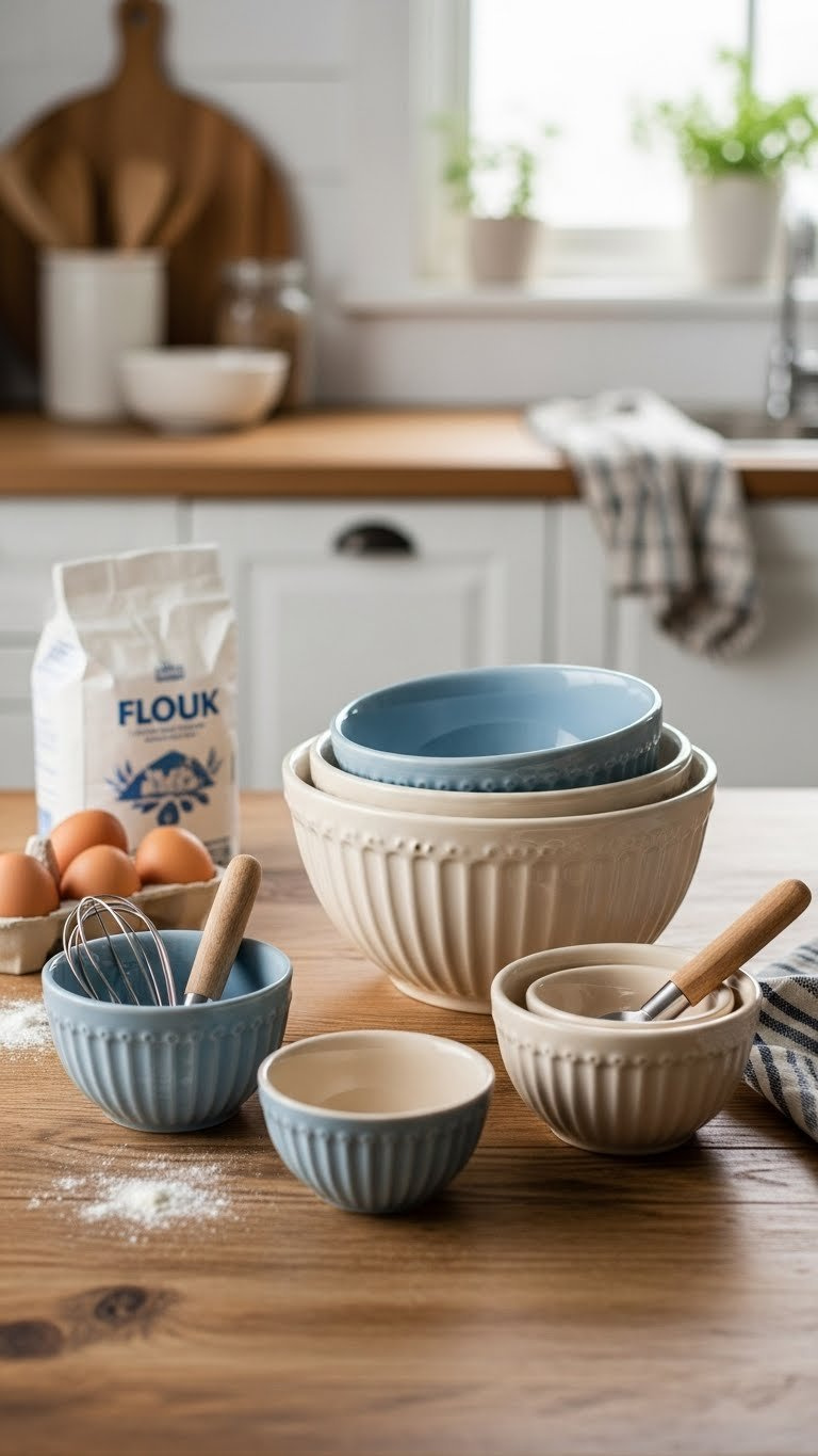 Nested Ceramic Mixing Bowls And Prep Sets Displayed On Wooden Table With Baking Ingredients In Natural Light