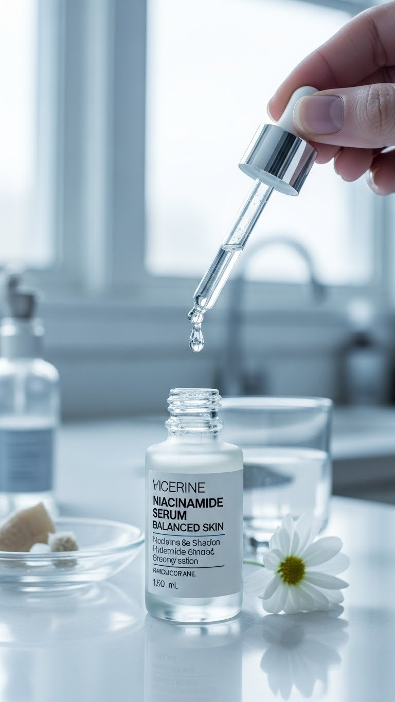 Niacinamide Serum Drop Suspended From Glass Dropper Over Radiant Skin For Balanced Skincare Hydration
