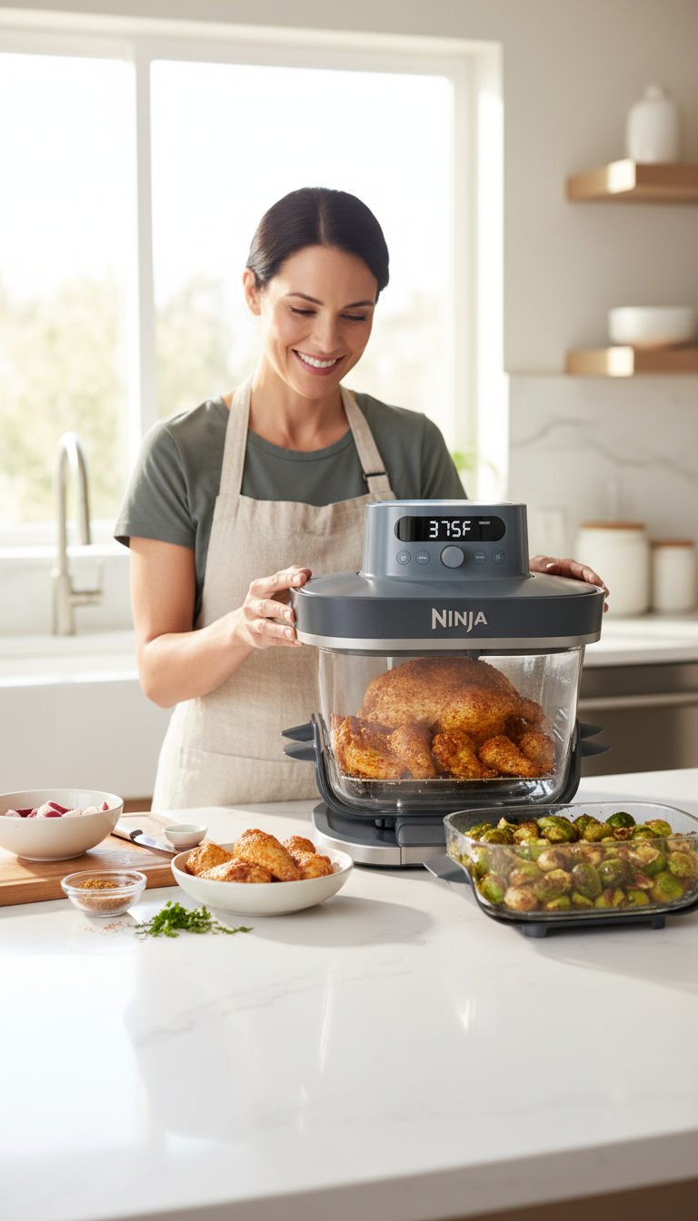 A Kitchen Counter With The Ninja Crispi Pro Glass Air Fryer, A Bowl Of Uncooked Chicken Wings, And Chopped Vegetables Ready For Testing.