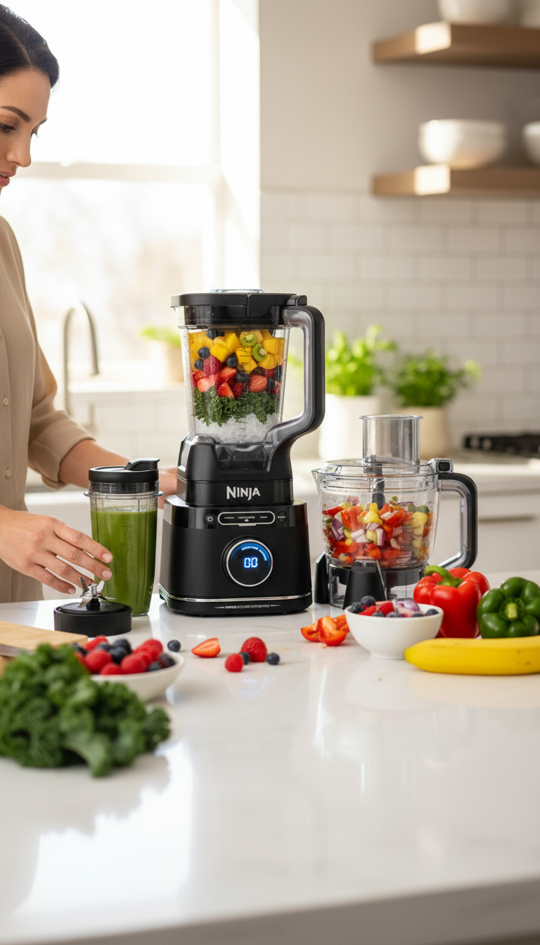 A Photo Showing The Ninja Tb401 On A Kitchen Counter With Various Ingredients Around It Like Frozen Fruit, Leafy Greens, And Vegetables For Chopping, Implying A Real Testing Environment.