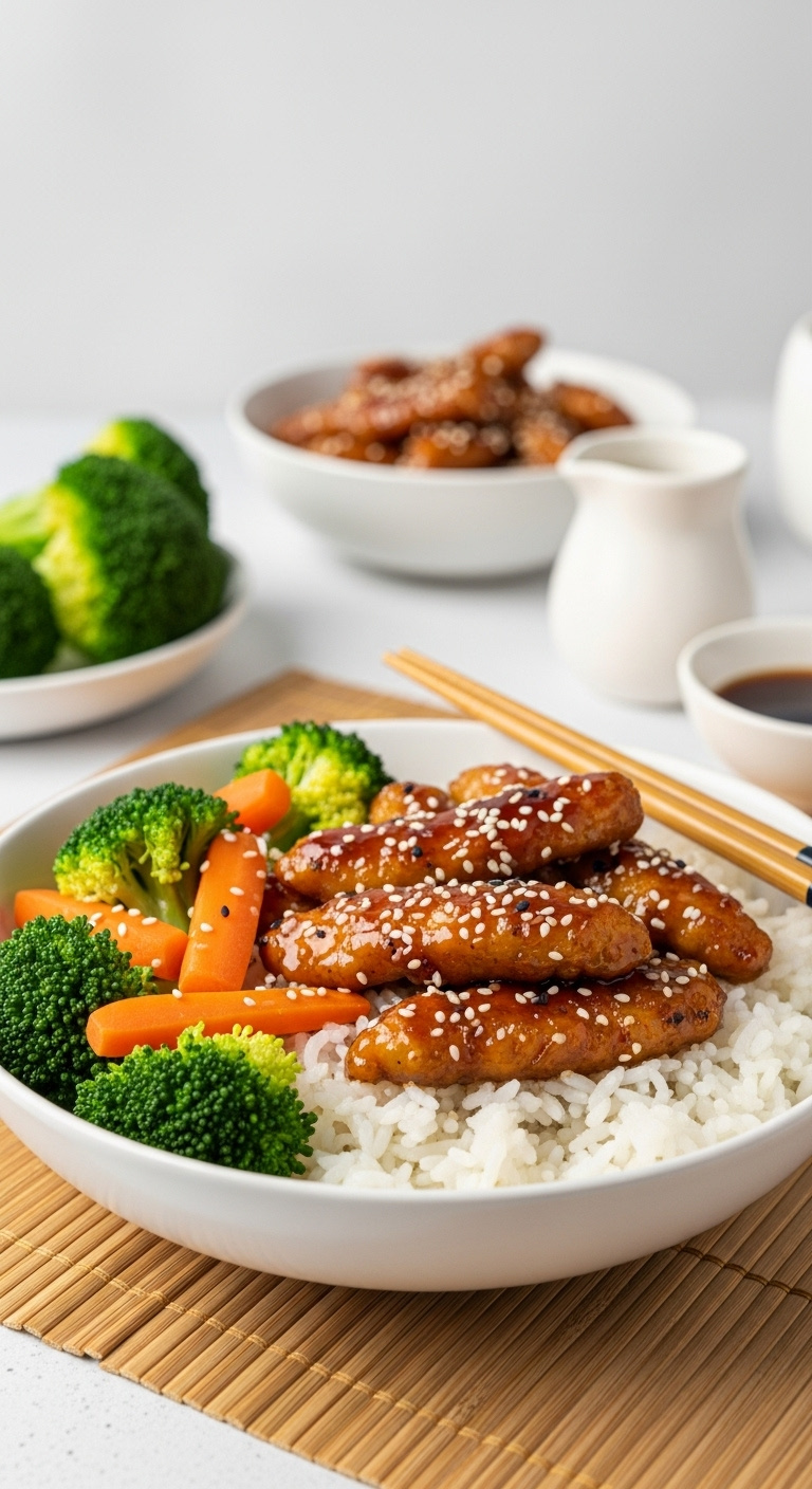 Ninja Foodi Asian Honey Soy Chicken With Broccoli Carrots And Rice Garnished With Sesame Seeds And Chopsticks