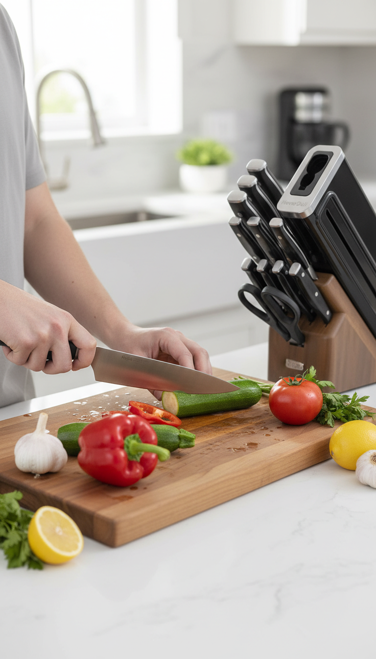 A Ninja Knife Next To A Cleanly Sliced Tomato And A Piece Of Paper, Demonstrating Its Sharpness.