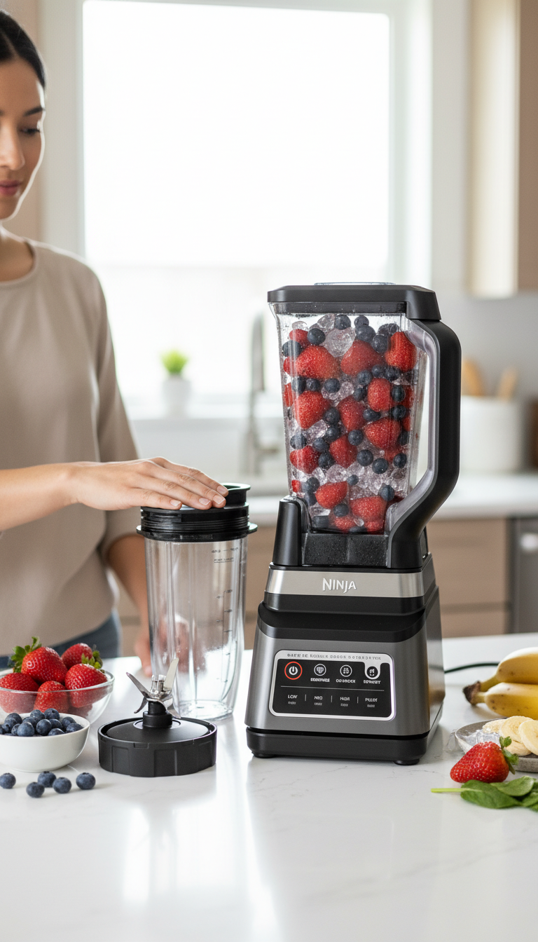 A Kitchen Counter With The Ninja Professional Plus Duo Blender, Frozen Fruit, Spinach, And Ice Cubes Ready For Blending.
